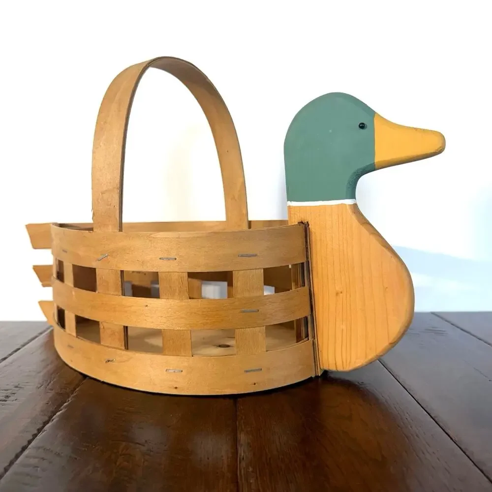 Vintage Wood & Woven Slat Mallard Duck Handled Basket | Rustic Country Basket